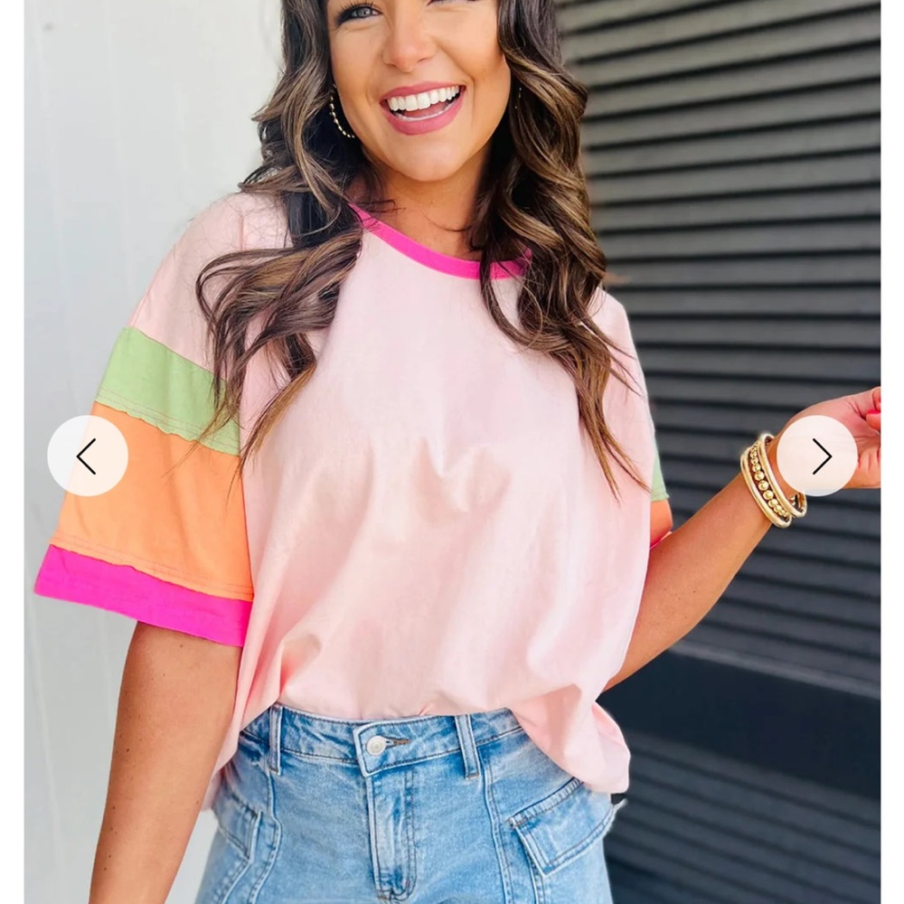 Colorblock Pink Short Sleeve Tee with Neon Trim